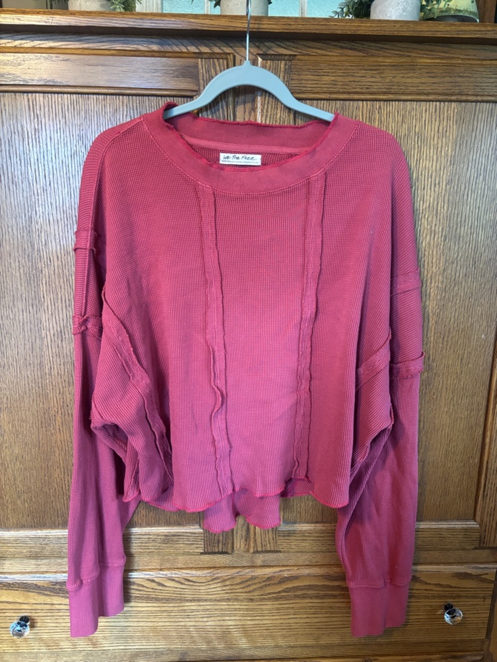 We The Free Cropped Waffle Knit Pullover in Brick Red